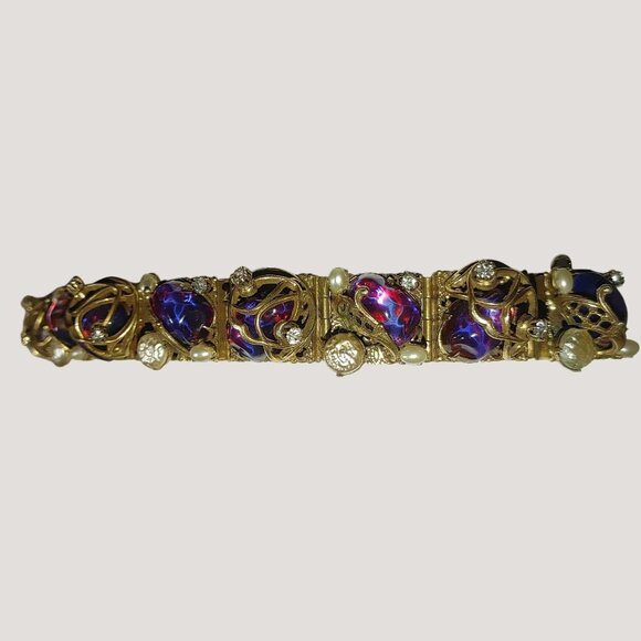 Vintage Bracelet Dragon Breathe Stones Faux Pearls Rhinestone Ornate Filigree - Picture 7 of 16